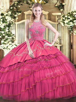Floor Length Hot Pink Quinceanera Gowns Satin and Tulle Sleeveless Beading and Embroidery and Ruffled Layers