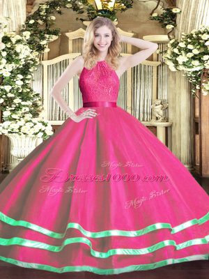 Sweet Hot Pink Tulle Zipper Quinceanera Dress Sleeveless Floor Length Lace