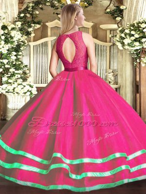 Sweet Hot Pink Tulle Zipper Quinceanera Dress Sleeveless Floor Length Lace