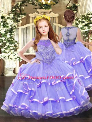 Eye-catching Lavender Lace Up Quinceanera Gown Beading and Ruffled Layers Sleeveless Floor Length