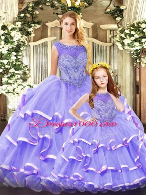 Eye-catching Lavender Lace Up Quinceanera Gown Beading and Ruffled Layers Sleeveless Floor Length