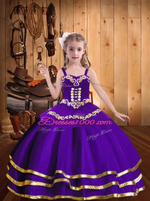 Custom Fit Purple Pageant Dress for Teens Party and Sweet 16 and Quinceanera and Wedding Party with Embroidery and Ruffled Layers Straps Sleeveless Lace Up