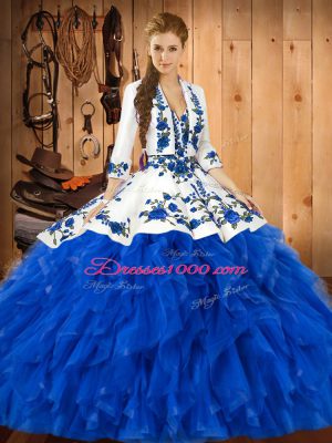 Beautiful Sleeveless Floor Length Embroidery and Ruffles Lace Up Sweet 16 Dresses with Blue