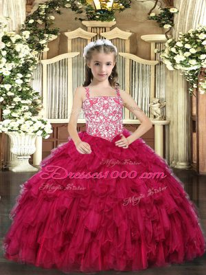 Modern Red Ball Gowns Straps Sleeveless Organza Floor Length Lace Up Beading and Ruffled Layers Child Pageant Dress