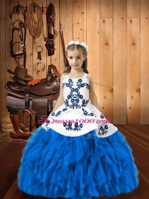 Best Blue Evening Gowns Sweet 16 and Quinceanera with Embroidery and Ruffles Straps Sleeveless Lace Up