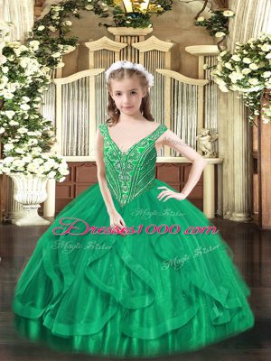 Beading and Ruffles Little Girls Pageant Dress Turquoise Lace Up Sleeveless Floor Length