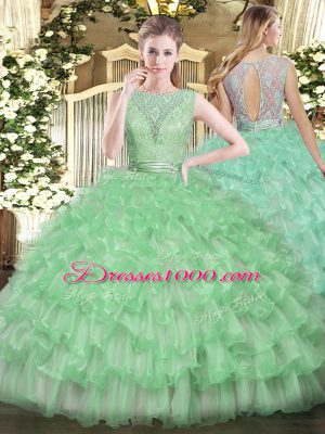 Apple Green Ball Gowns Beading and Ruffled Layers Ball Gown Prom Dress Backless Tulle Sleeveless Floor Length