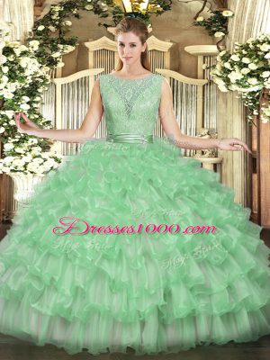 Apple Green Ball Gowns Beading and Ruffled Layers Ball Gown Prom Dress Backless Tulle Sleeveless Floor Length