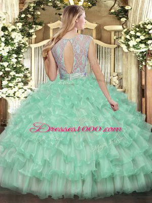 Apple Green Ball Gowns Beading and Ruffled Layers Ball Gown Prom Dress Backless Tulle Sleeveless Floor Length