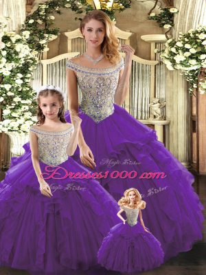 Tulle Bateau Sleeveless Lace Up Beading and Ruffles Quinceanera Dresses in Purple
