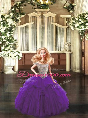 Tulle Bateau Sleeveless Lace Up Beading and Ruffles Quinceanera Dresses in Purple