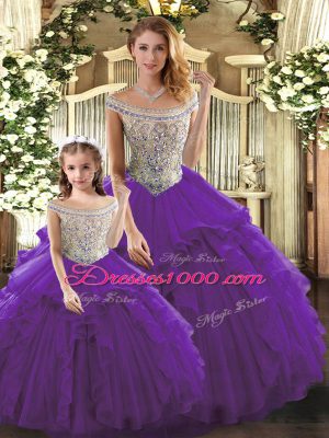 Tulle Bateau Sleeveless Lace Up Beading and Ruffles Quinceanera Dresses in Purple