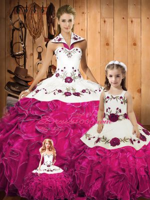 Glittering Floor Length Lace Up 15 Quinceanera Dress Fuchsia for Military Ball and Sweet 16 and Quinceanera with Embroidery and Ruffles