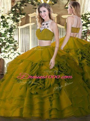 Noble Olive Green Sleeveless Floor Length Beading and Ruffled Layers Backless Vestidos de Quinceanera
