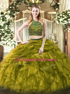 Floor Length Olive Green 15th Birthday Dress Halter Top Sleeveless Zipper