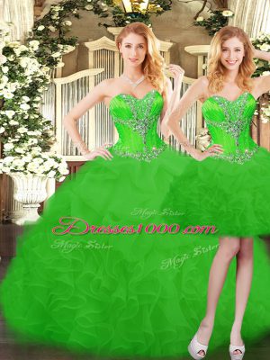 Sleeveless Organza Floor Length Lace Up Quince Ball Gowns in Green with Ruffles and Bowknot