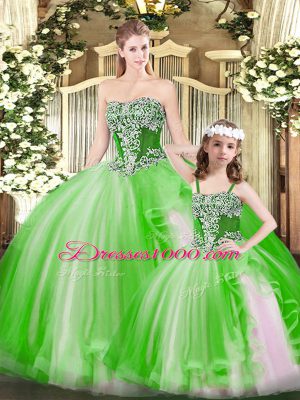Green Organza Lace Up 15th Birthday Dress Sleeveless Floor Length Beading and Ruffles