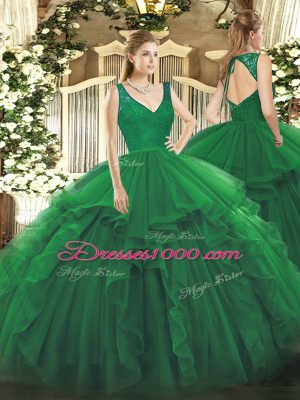 Beauteous Organza V-neck Sleeveless Zipper Beading and Ruffles Quinceanera Dress in Dark Green