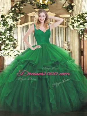 Beauteous Organza V-neck Sleeveless Zipper Beading and Ruffles Quinceanera Dress in Dark Green