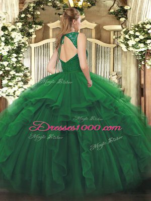 Beauteous Organza V-neck Sleeveless Zipper Beading and Ruffles Quinceanera Dress in Dark Green