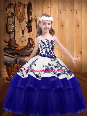 Straps Sleeveless Little Girls Pageant Gowns Floor Length Embroidery Blue Organza
