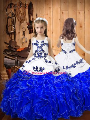 Ball Gowns Little Girls Pageant Gowns Royal Blue Straps Organza Sleeveless Floor Length Lace Up