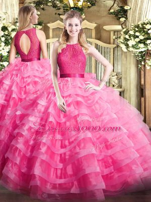 Cheap Sleeveless Floor Length Ruffled Layers Zipper Sweet 16 Dresses with Hot Pink
