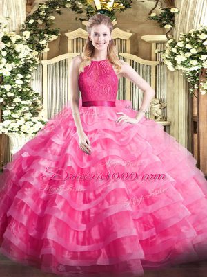 Cheap Sleeveless Floor Length Ruffled Layers Zipper Sweet 16 Dresses with Hot Pink