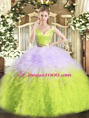 Multi-color Organza Zipper V-neck Sleeveless Floor Length Sweet 16 Dress Ruffles