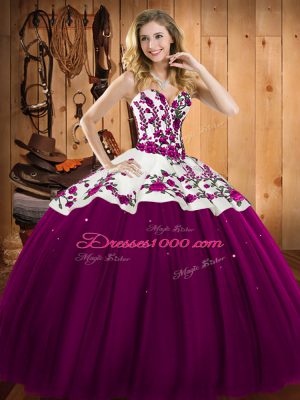Ideal Sweetheart Sleeveless 15 Quinceanera Dress Floor Length Embroidery Fuchsia Satin and Tulle