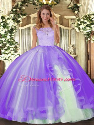 Lavender Ball Gowns Scoop Sleeveless Tulle Floor Length Clasp Handle Lace and Ruffles Sweet 16 Dress