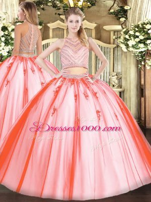 Watermelon Red Sleeveless Tulle Zipper 15 Quinceanera Dress for Military Ball and Sweet 16 and Quinceanera
