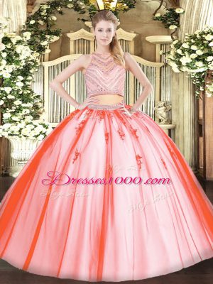 Watermelon Red Sleeveless Tulle Zipper 15 Quinceanera Dress for Military Ball and Sweet 16 and Quinceanera