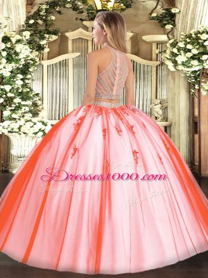 Watermelon Red Sleeveless Tulle Zipper 15 Quinceanera Dress for Military Ball and Sweet 16 and Quinceanera