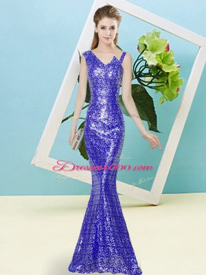 Asymmetric Sleeveless Zipper Prom Gown Royal Blue Sequined