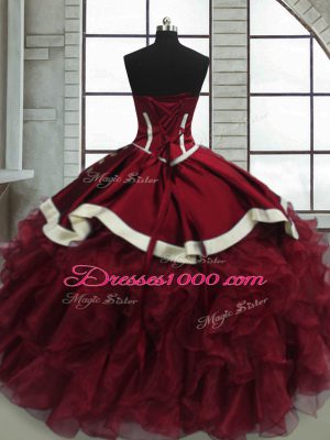 Sophisticated Red Organza Lace Up 15 Quinceanera Dress Sleeveless Floor Length Beading and Ruffles