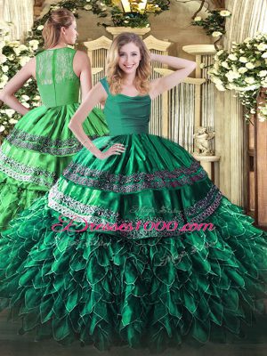 Flirting Dark Green Zipper Straps Beading and Lace and Ruffles 15 Quinceanera Dress Organza Sleeveless