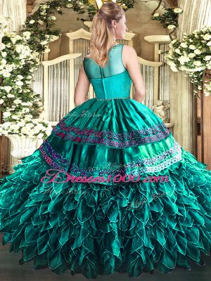 Floor Length Olive Green Ball Gown Prom Dress Organza and Taffeta Sleeveless Beading and Ruffles