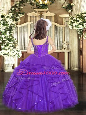 Exquisite Purple Sleeveless Floor Length Beading and Ruffles Lace Up Winning Pageant Gowns