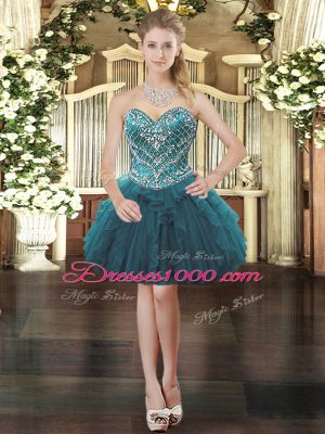 Inexpensive Beading and Ruffles Prom Party Dress Teal Lace Up Sleeveless Mini Length
