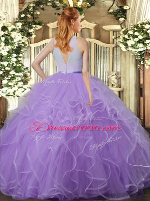 Trendy Lilac Tulle Backless High-neck Sleeveless Floor Length Sweet 16 Dress Ruffles