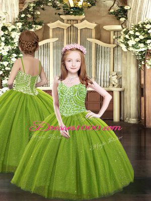 Beading Pageant Gowns For Girls Olive Green Lace Up Sleeveless Floor Length