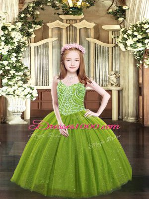 Beading Pageant Gowns For Girls Olive Green Lace Up Sleeveless Floor Length