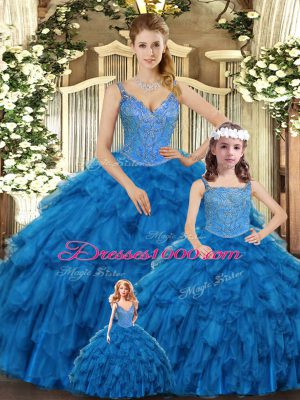 High End Ball Gowns 15th Birthday Dress Teal Straps Organza Sleeveless Floor Length Lace Up