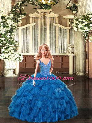 High End Ball Gowns 15th Birthday Dress Teal Straps Organza Sleeveless Floor Length Lace Up