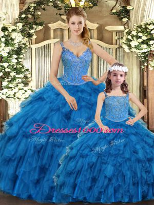 High End Ball Gowns 15th Birthday Dress Teal Straps Organza Sleeveless Floor Length Lace Up