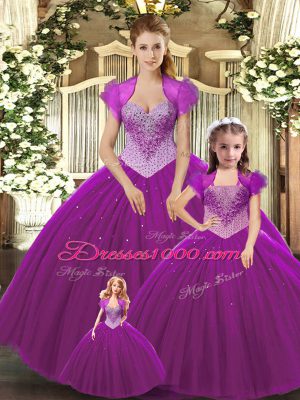 Glorious Fuchsia Tulle Lace Up Quince Ball Gowns Sleeveless Floor Length Beading