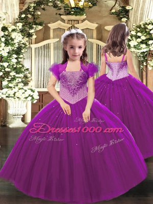 Glorious Fuchsia Tulle Lace Up Quince Ball Gowns Sleeveless Floor Length Beading