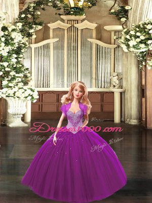 Glorious Fuchsia Tulle Lace Up Quince Ball Gowns Sleeveless Floor Length Beading