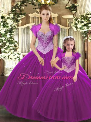 Glorious Fuchsia Tulle Lace Up Quince Ball Gowns Sleeveless Floor Length Beading